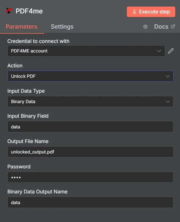 n8n'deki PDF4me düğümü, Eylem olarak PDF Kilidini Aç, Giriş Veri Türü İkili Veri, Giriş İkili Alanı data, Çıkış Dosya Adı unlocked_output.pdf, gizlenmiş bir Parola alanı ve İkili Veri Çıkış Adı data olarak ayarlanmıştır.